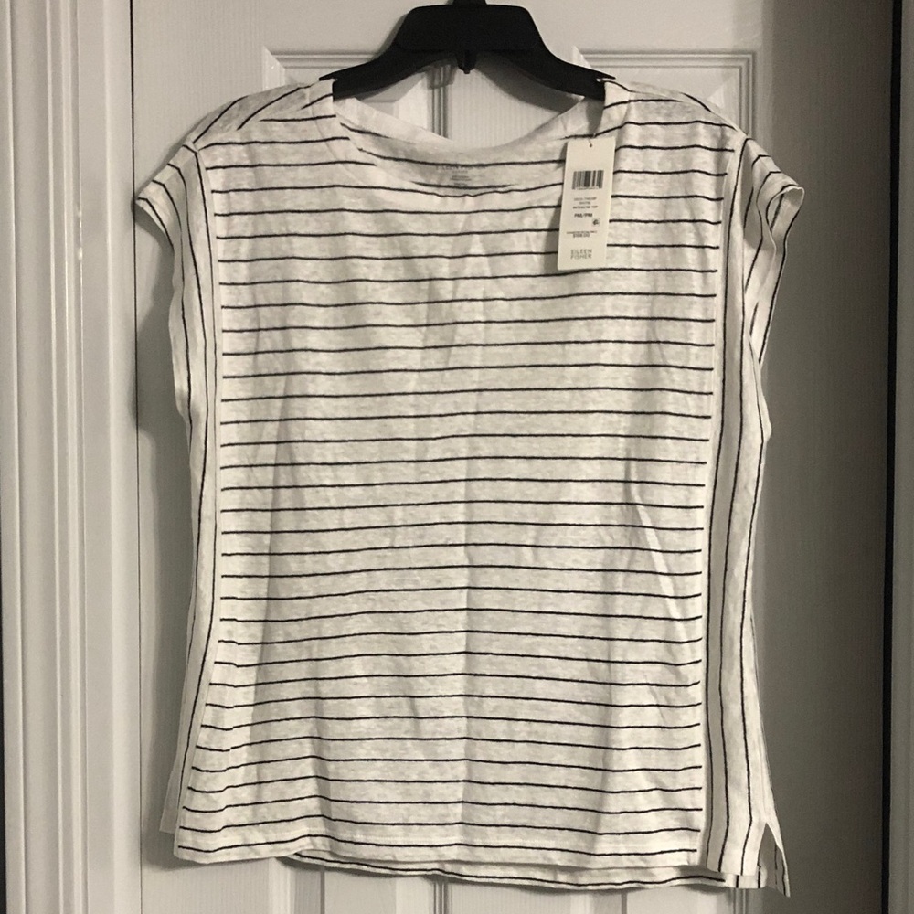 Eileen Fisher 100% Organic Linen Jersey Stripe Bateau White Wide Tank Top Medium